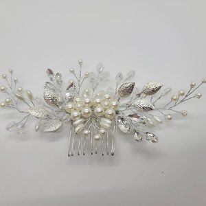 Silver Hair Comb: Pearls Crystals Leaves & Beads